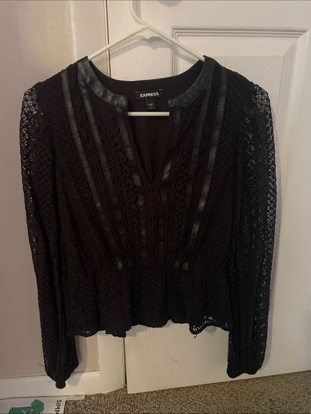 Express Black Lace Peplum Top with Faux-Leather Trim